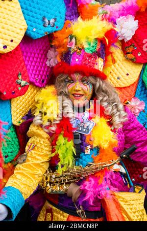 Maastricht, Netherlands, February 2016: the colours and make-up of the Maastricht Mardi Gras carnival Stock Photo