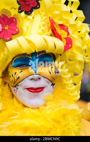 Maastricht, Netherlands, February 2016: the colours and make-up of the Maastricht Mardi Gras carnival Stock Photo