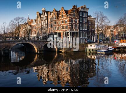 Amsterdam, Netherlands, February 2016: Crooked buildings, a feature of Amsterdam, on the Prinsengracht canal Stock Photo