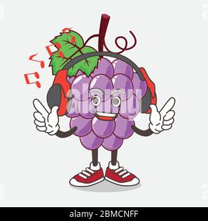 An illustration of Grape Fruit cartoon mascot character Listening music on a headset Stock Vector