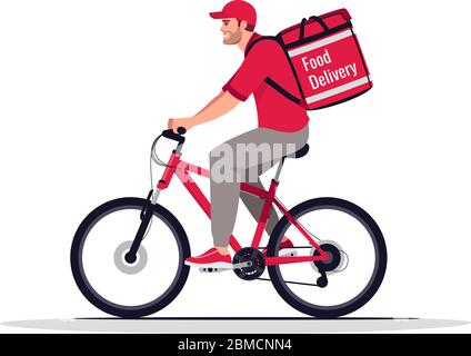 Food delivery biker semi flat RGB color vector illustration. Cafe order shipping worker on bike. Caucasian male courier in red uniform isolated cartoo Stock Vector