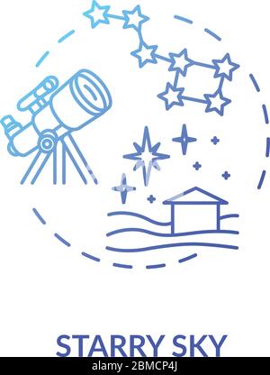 Starry sky blue concept icon. Watch constellation with telescope. Night sky observation in countryside. Country camping idea thin line illustration. V Stock Vector