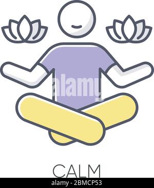 Calm RGB color icon. Man sit in lotus pose. Meditation for mental health. Concentrate on psychological wellbeing. Yoga for relaxation. Positive lifest Stock Vector