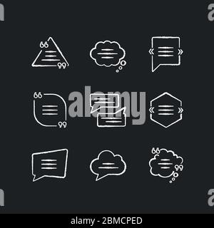 Comment box chalk white icons set on black background. Blank speech clouds different shapes. Triangle and square chat bubbles. Empty textbox. Isolated Stock Vector