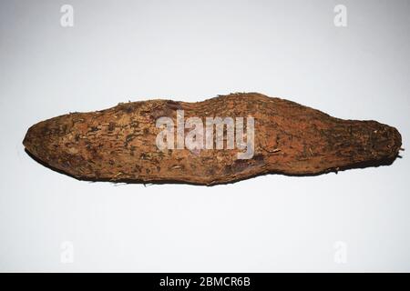 Close up of Yam tuber roots yam vegetable from India, one piece Isolated on white background Stock Photo