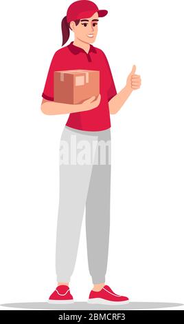 Female courier in red shirt holding parcel semi flat RGB color vector illustration. Caucasian employee with cardboard box. Delivery worker isolated ca Stock Vector