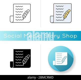 Blog icon. Writing personal diary. Feather pen symbol on sheet of paper. Personal diary. Novel manuscript, literature education. Linear black and RGB Stock Vector