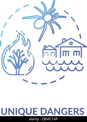 Unique dangers blue concept icon. Forest fire damage. Water flood in village. Poisonous bug. Country cataclysm idea thin line illustration. Vector iso Stock Vector