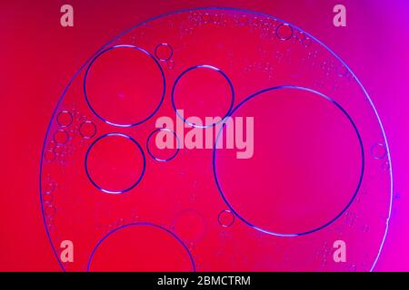Circular shapes of seprerated oil on the surface of water - creative macro background Stock Photo