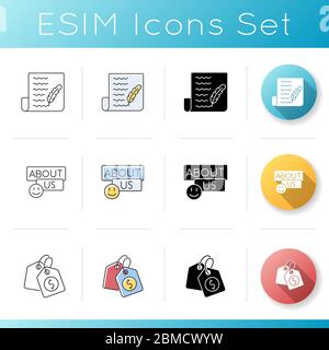 Social media icons set. Writing blog post. Personal diary. Ģ����ý information. Company contacts. Price tag for product cost. Linear, black and RGB c Stock Vector
