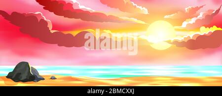 Seascape. Sand beach. The sun. Sunset. Pink sky and clouds. Stones on the seashore. Stock Vector