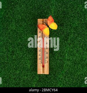 Thermometer displaying high 40 degree hot temperatures in sun summer day. temperature 40. Summer temperature. Thermometer on the grass with butterflie Stock Photo