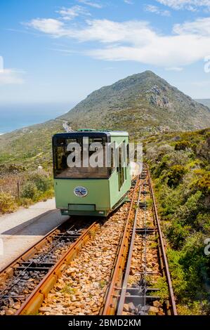 View of funicular going up towards the lighthouse at Cape Point in Table Mountain National Park, near Cape Town, Western Cape, South Africa. Stock Photo