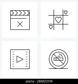 Set of 4 Universal Line Icons of video, film, less, valentine, smoking Vector Illustration Stock Vector