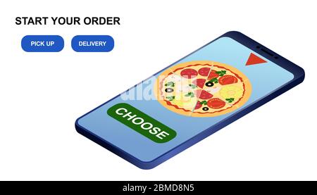 Online pizza order and delivery concept, isometric smartphone with pizza and request of pizza topping. Fast food delivery online service, template for Stock Vector