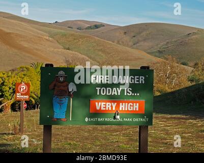 Very High Fire Danger sign in an East Bay Regional Park, Alameda County, California Stock Photo