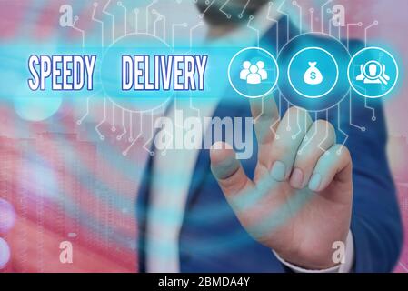 Hand writing sign Speedy Delivery. Internet Concept provide products in  fast way or same day shipping overseas Employee Helping Together Sharing  Ideas For Skill Improvement. Stock Illustration by ©nialowwa #537948578