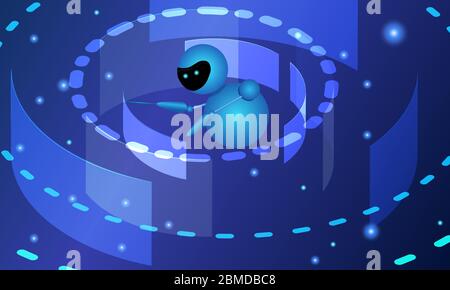 Internet robot vector isometric illustration. Futuristic bot, artificial intelligence. Analytic and search automation. Machine learning concept in blu Stock Vector