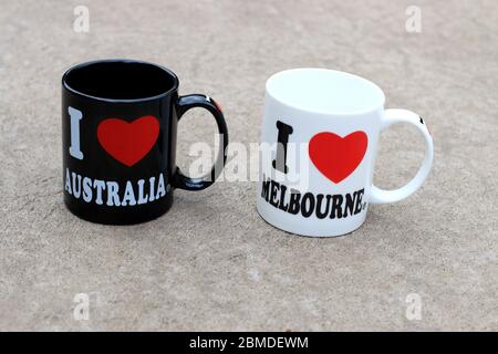 Close up of 'I Love Melbourne' and 'I love Australia'  mugs Stock Photo