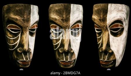 Carved Wood Mask Painted - 3 angles assembled on homogenious background Stock Photo