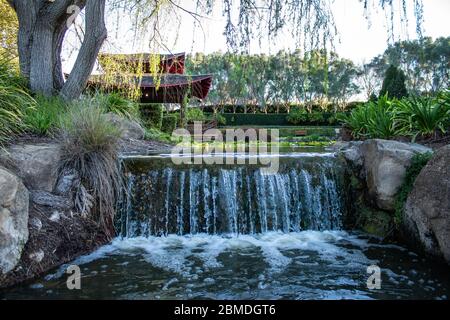 Waterfall in Chinese style garden pond with water lilies, surrounded by trees Stock Photo
