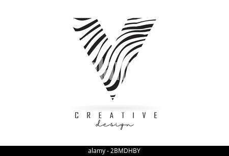 Black and White Zebra V Letter Logo Design. Creative V vector illustration with lines. Stock Vector