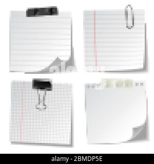 Realistic lined sticky notes with clip binder and adhesive tape. Blank ...