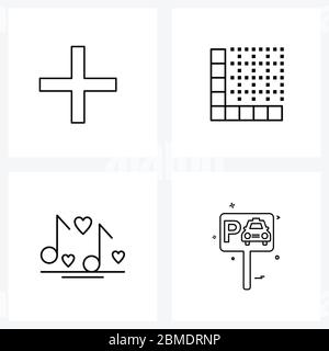 Set of 4 Universal Line Icons of add; audio; all; item; valentine Vector Illustration Stock Vector