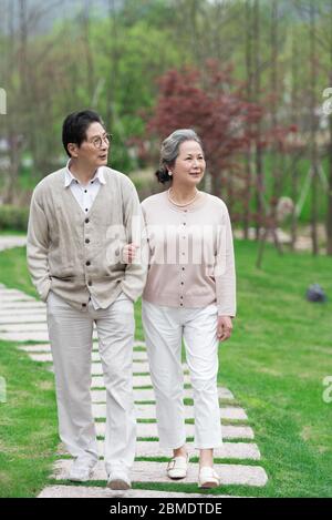 An Asian elderly couple walking in the park Stock Photo