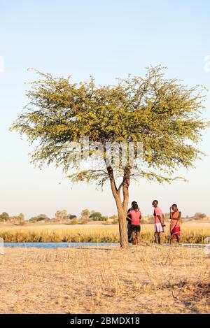 4 pretty, teenage, African girls standing by a tree, laughing and dressed in colorful clothing, in Angola, Africa. Stock Photo