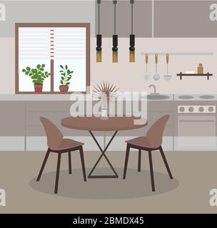 Modern Kitchen interior with window, dining table, kitchen utensils, plants. House Room Flat Vector Illustration Stock Vector