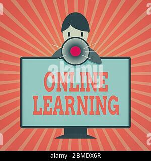 Conceptual hand writing showing Online Learning. Concept meaning Larning with the assistance of the Internet and a computer Man Behind mounted PC Moni Stock Photo