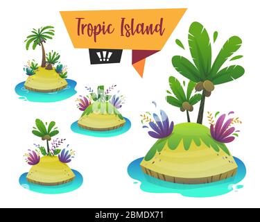 tropical island cartoon style set. funny and cheerful beautiful paradise travel tourism and adventure into sea beach shore with sand and exotic plants Stock Vector