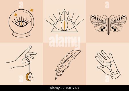 Magic Hand drawn, doodle, sketch line style set. Witchcraft symbols.Ethnic esoteric collection with hands, moon. Vector illustration Stock Vector