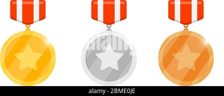 Gold silver bronze medal reward set with star and striped ribbon for video game or apps animation. First second third place bonus achievement award. Winner trophy isolated flat eps vector illustration Stock Vector