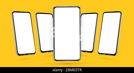 Phone realistic perspective mockup of five rotated angled smartphones. Template for web design, webpages, banners, landings, presentations on yellow Stock Vector