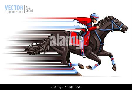 Jockey on racing horse. Sport. Champion. Hippodrome. Racetrack. Equestrian. Derby. Speed Isolated on white background Vector illustration Stock Vector