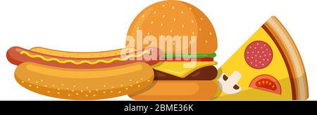 Fast sreet food takeaway lunch meal set. Pizza slice with tasty burger and hot dog. Flat isolated eps vector illustration Stock Vector