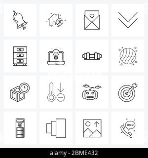 Set of 16 UI Icons and symbols for creative idea, furniture, letter, drawer unit, arrow Vector Illustration Stock Vector