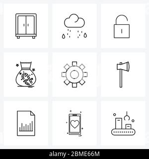 Universal Symbols of 9 Modern Line Icons of tool, maintain, lock, gear, candies Vector Illustration Stock Vector