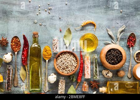 Herbs and spices on grunge background Stock Photo