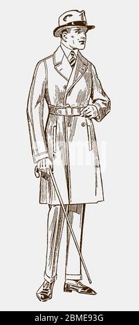 Man from the early 20th century wearing an overcoat and a hat and holding a walking stick Stock Vector