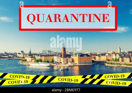 Quarantine in Sweden. Aerial panoramic view of Stockholm city centre. No travel and lockdown concept. Coronavirus outbreak Covid-19 pandemic concept. Canceled tourist vacation. Barrier tape. Stock Photo