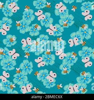 flowers and pollinators seamless vector pattern Stock Vector