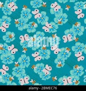 flowers and pollinators seamless vector pattern Stock Vector