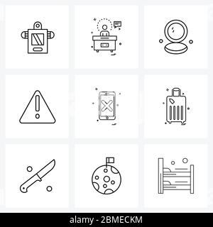 Set of 9 Simple Line Icons of phone, smart phone, makeup, warning, error Vector Illustration Stock Vector