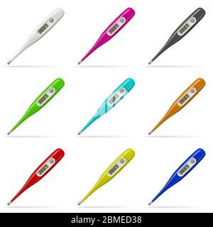 Electronic thermometers. Digital thermometers set of different colors. Isolated objects on white background. Vector Stock Vector