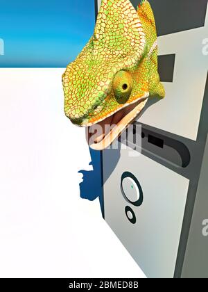 chameleon and slow computer 3d rendering Stock Photo