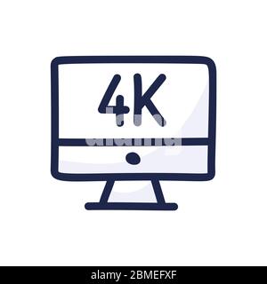 4k movie monitor simple outline color icon isolated on white. Cartoon hand draw vector illustration Stock Vector