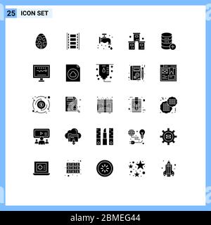 Solid Glyph Pack of 25 Universal Symbols of product, pack, filmstrip, logistic, plumbing Editable Vector Design Elements Stock Vector